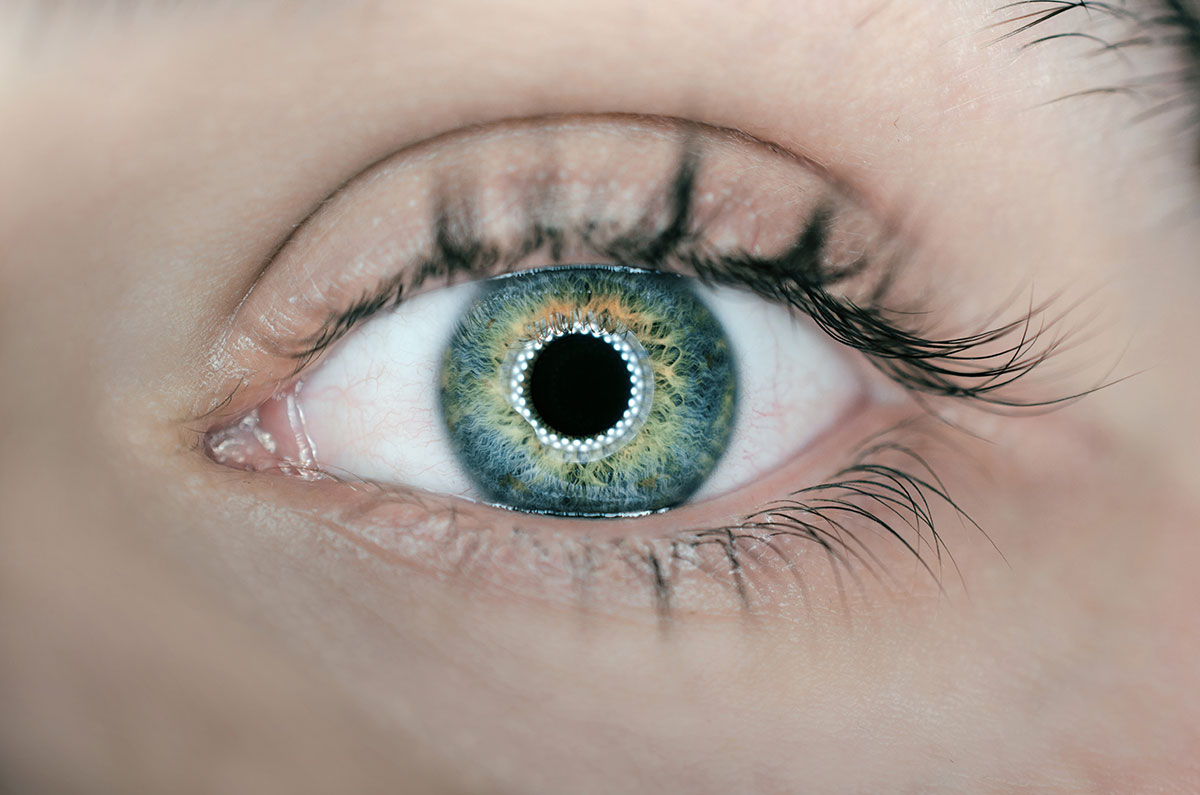 close up image of a blue-green eye with an electronic ring around the pupil
